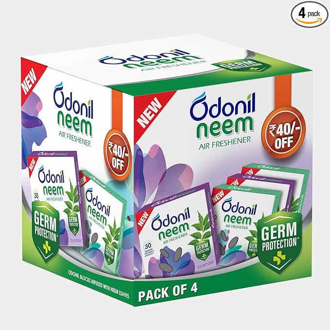 Odonil Bathroom & Toilet Air Freshener Neem Mixed Fragrance Blocks - 192g (48g, Pack of 4) | Fragrances- Jasmine, Lavender, Orchid, Rose| Long Lasting Fragrance | Lasts upto 30 days | Germ Protection