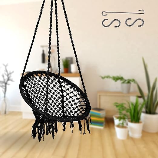 Curio Centre Make in India Round Cotton Rope Hanging Swing for Adults & Kids with Accessories/Swing Chair for Indoor,Outdoor,Home,Patio,Yard, Balcony,Garden (145 x 57 x 43 cm,100 kgs Capacity, Black)