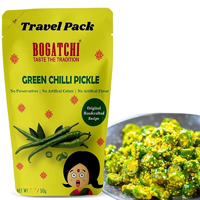 BOGATCHI Green Chilli Pickle - Real taste - Handcrafted Original Pickle - Original Rajasthani Achaar - No Preservatives - No Artificial Color - Natural Ingredients - Travel Pack, 50g