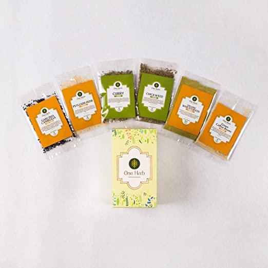 One Herb - Weight Loss & Digestion Assorted Sampler Box with Psyllium Husk, Garcinia Cambogia, Green Coffee Powder, Wheatgrass Powder, Chickweed Tea and Curry Leaf, 10g Each, Trial Pack (6 x 10g)