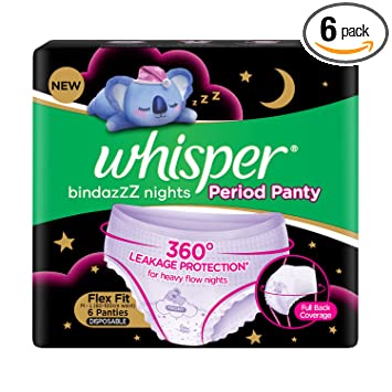 Whisper Super Absorbent Period Panty, 6 M-L Pants, 360 Degree Leakage Protection* for Heavy Flow, Panty like Fit, Full back Coverage, Absorbs Heavy Gushes, Silky Soft, Comfortable Feel