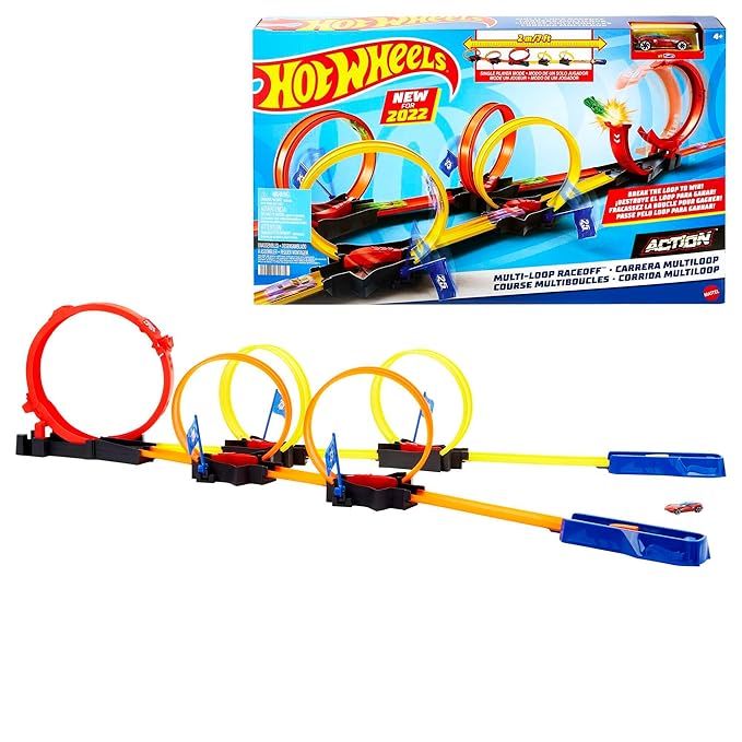 Hot Wheels® Multi-Loop Race Off" Playset, with 1 Car, Knock Down Flags to Score Points & Break the Loop, Toy for Kids 4 to 10 Years Old