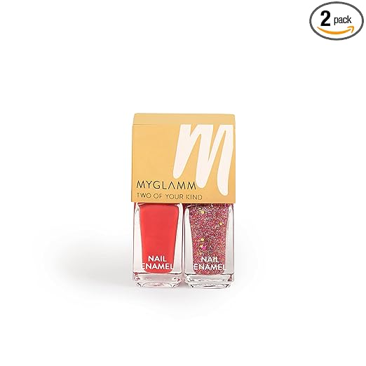 MyGlamm Two Of Your Kind Nail Enamel Duo Glitter Collection-Steal The Show (Tomato Red + Mixed Glitter)-5 ML || Long-Lasting Gel Finish Nail Polish Set