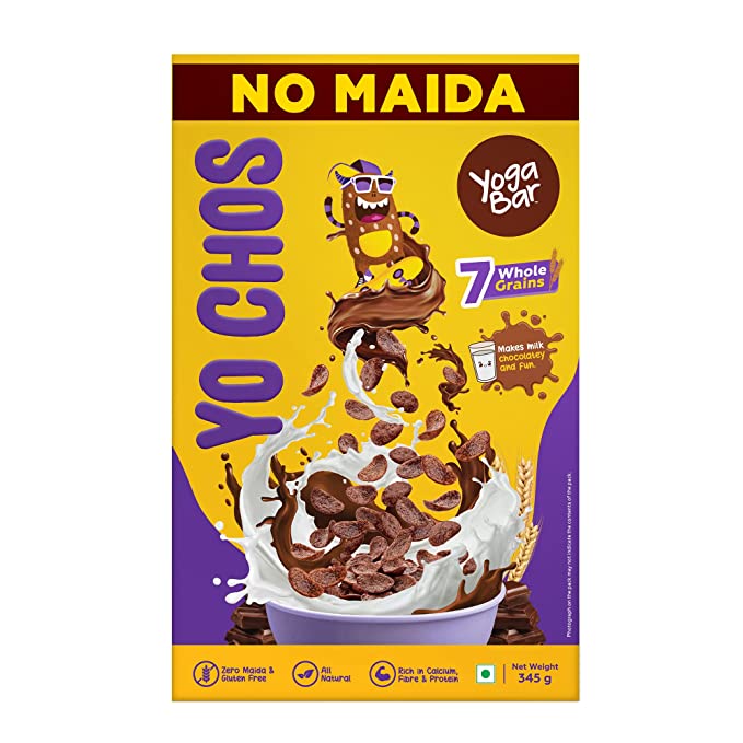 Yogabar Yo Chos Breakfast Cereals 345g - No Maida Choco for Kids - Cereal with 5 Whole Grains & 2 Dals - Gluten Free Children's Cereal for Breakfast - All Natural & Healthy Food, 345g