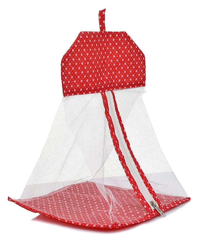 Fun Homes Multipurpose Dot Printed Cotton Hanging Storage Mesh Bag/Organizer For Home, Bathroom, Kitchen, Travel Use With Zipper & Hanging Loop (Red), (49FH0423)