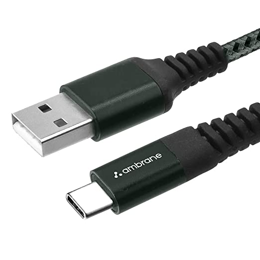 Ambrane Unbreakable 3A Fast Charging Braided Type C Cable  -  1.5 Meter (RCT15 (A), Green) Supports QC 2.0/3.0 Charging