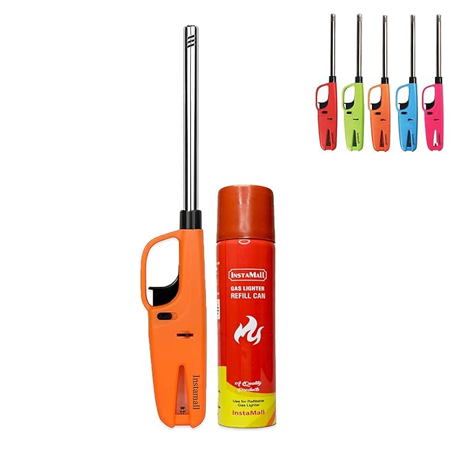 INSTAMALL Plastic Adjustable Flame Gas Lighter for Kitchen Gas Stove, Refillable with 100ML Refill Can, Multicolor Pack of 1