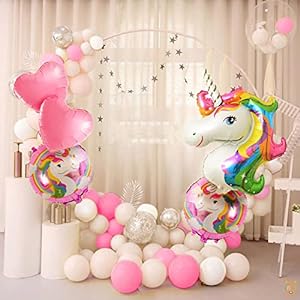 Indy Toys And Fashion ITAF Set of 35 Pcs Unicorn Theme Birthday For Girls-1 Unicorn Foil Balloon, 2 Pink Heart Foil Balloons, 2 Printed Unicorn Round Foil Balloons, 15 White & Pink Pastel Balloons