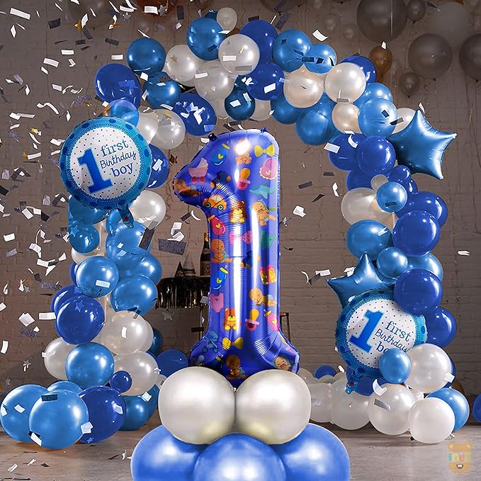 Just Party 35 Pcs 1st Birthday Decoration Kit Balloons For Baby Boy,Blue Star, Printed First Birthday Boy,White & Blue Metallic