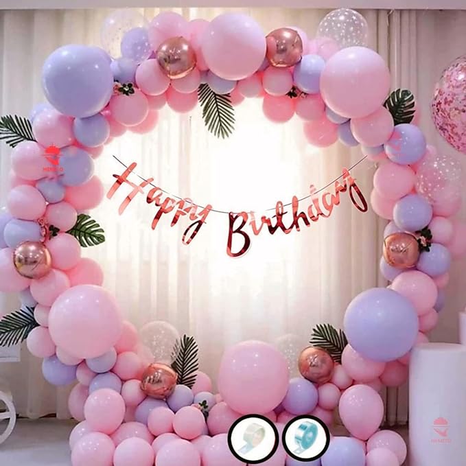 [Apply Coupon] - Hemito Birthday Decoration Kit 60 pc  -  Pink Purple Pastel Balloons Combo with Birthday Banner, Arc, Glue Dot for girls Kids Baby Birthday Decoration Items | Birthday Decoration Combo