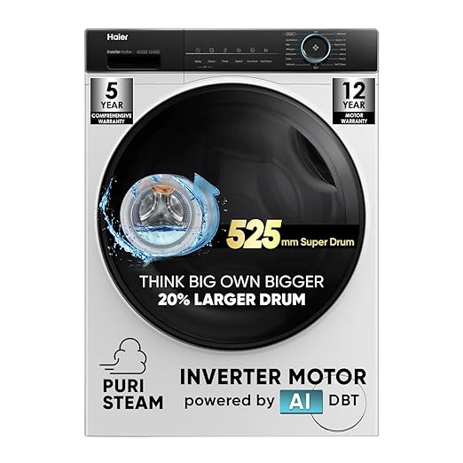 Haier 8 kg 5 Star Powered by AI-DBT with PuriSteam, 525mm Super Drum Fully Automatic Front Load Washing Machine (HW80-IM12929C, Inverter with In-Built Heater, White)