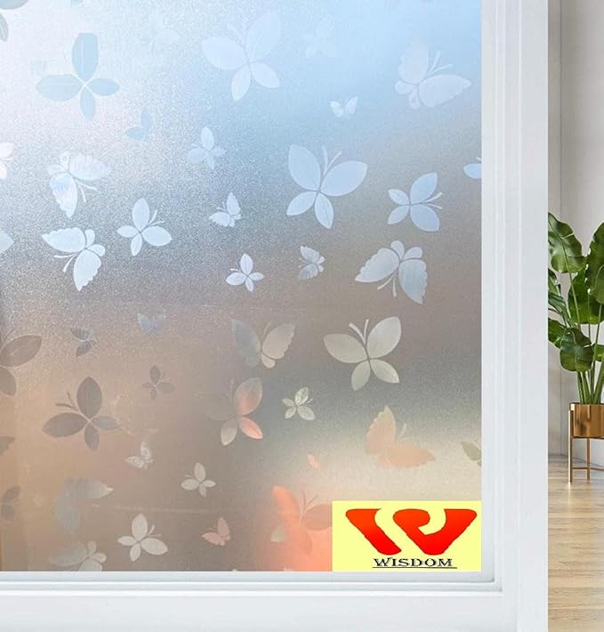 WISDOM Privacy Window Film Frosted Glass Film Glass Film No Glue Anti-UV Window Sticker Non Adhesive for Privacy Office Meeting Room Bathroom Living Room (Butter Fly Frosted, 12 x 50)