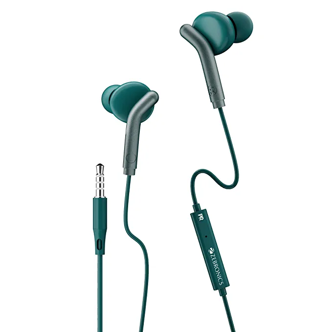 ZEBRONICS Bro in Ear Wired Earphones with Mic, 3.5mm Audio Jack, 10mm Drivers, Phone/Tablet Compatible (Green)