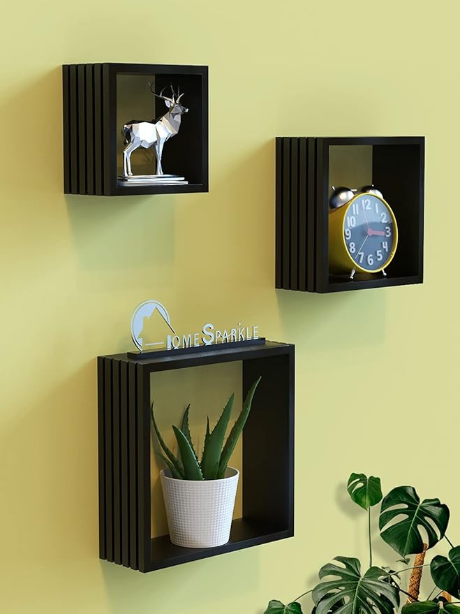 Home Sparkle New 3D Design louvers Wall Shelf Rack for Home | Set of 3 (Black)