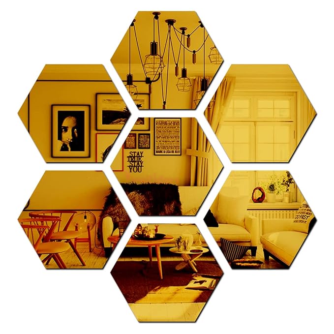 Wall1ders 7 Hexagon mirror wall stickers, acrylic mirror wall decor sticker, mirror stickers for wall, hexagonal mirror wall sticker for hall room, living room, bed room, kitchen, Home & Offices. (, Each Hexagon Size 12 cm X 10.5 cm) cm) (Golden)