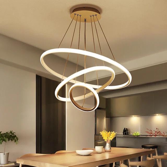 Modern LED Ring Pendant Chandelier Light | Contemporary Hanging Ceiling Lamp | Warm White Decorative Lighting Fixture | Gold Finish | Ideal for Dining Room, Living Room, Kitchen Island & Hall