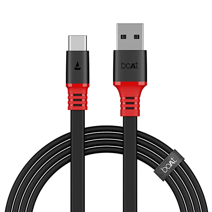 boAt Type C A750 6.5A Super Fast Charging Flat Cable Cable with Stress Resistant, Tangle-free, & 480Mbps Data Transmission, 10000+ Bends Lifespan and Extended 1.5m Length (Rebellious Black)