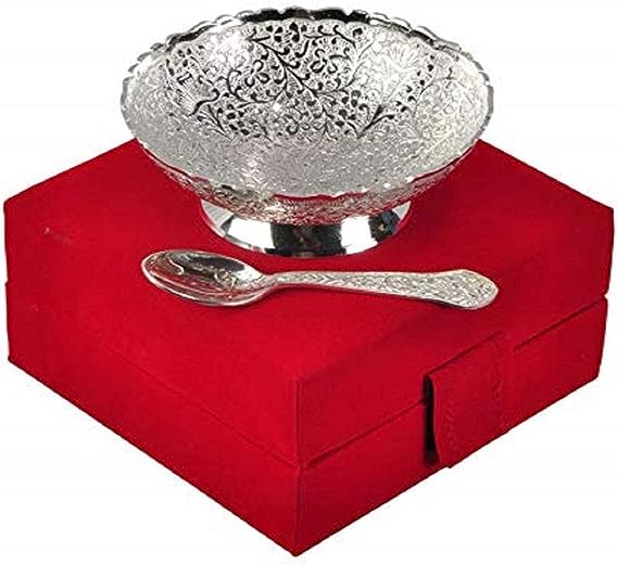 Design Decor Gallery German Silver Single Bowl with Royal Velvet Box -2 Pieces Set