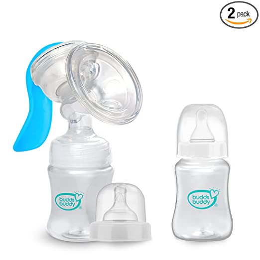 BuddsBuddy 2 in 1 Manual Breast Pump with Regular Neck & Wide Neck Feeding Bottles | Gentle & Easy to Operate | Adjustable Suction Strength | Soft Cushion Breast Pump For All Size | Blue