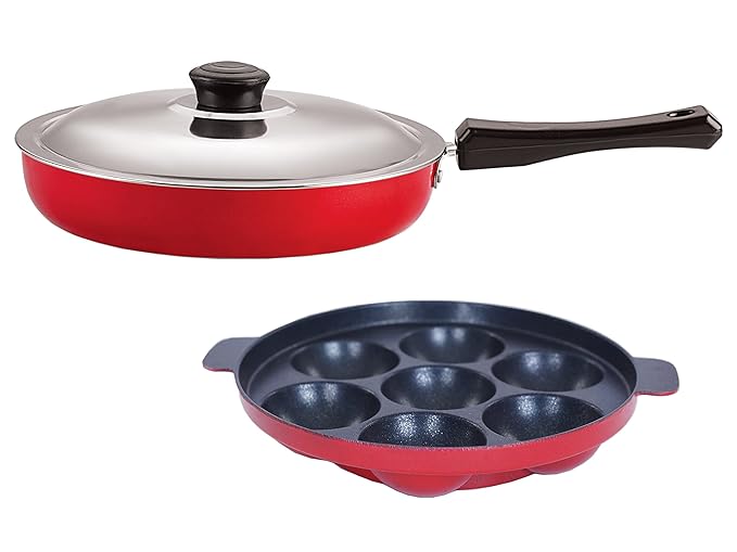 [Size: 2.50 Ltr.] - NIRLON Non-Stick Kitchen Cooking Utensil Item Set of 2 Pieces Including Fry Pan-3.2 LTR & Appam-7 Cavity (Color-Red)