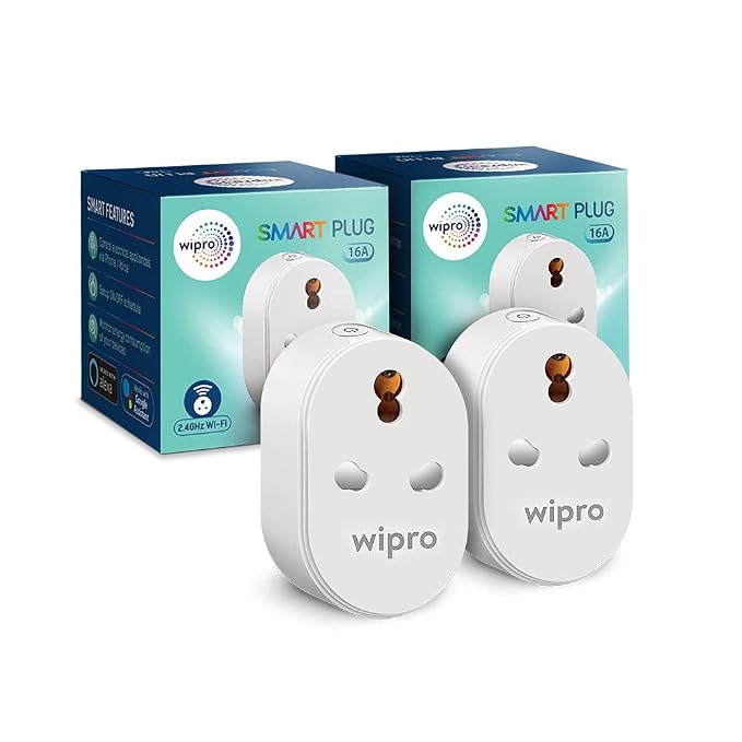 Wipro 16A Wi-Fi Smart Plug with Energy Monitoring- Suitable for Large Appliances like Geysers, Microwave Ovens, Air Conditioners (Compatible with Alexa and Google Assistant)- White (Pack of 2)
