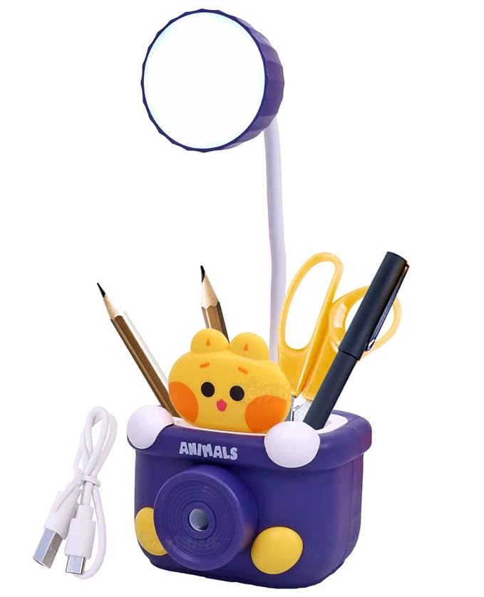 Toyshine Table Lamp Desk Lamp Rechargeable with Pen Holder & Sharpener, Study Desk Light for Study Room Home Office- Blue