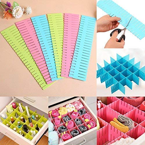 Stewit Adjustable Stretchable Interlocking Drawer Clapboard Divider/Grid Closet Sorting Partition/Plastic Strips Separators Cabinet Storage Box Socks/Makeup,1 Set of 6 Pc, Multi Color