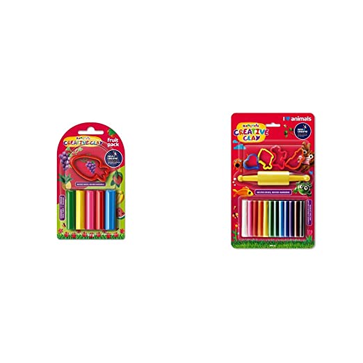 Pidilite Rangeela Creative Clay Pack Containing Animals | DIY Pack of Modelling Clay, Moulding tools and roller | Non Toxic and Safe | 165g, 5 Years & Above & Rangeela Creative Clay Pack Fruits (60gm)
