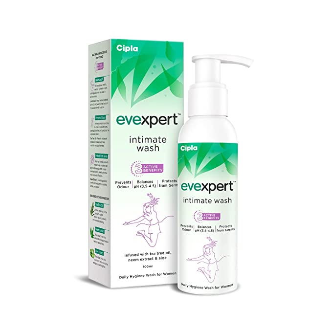 Cipla Evexpert Intimate Wash 100ml | Prevents Odour, Balances pH | Infused with natural ingredients Tea Tree Oil, Neem
