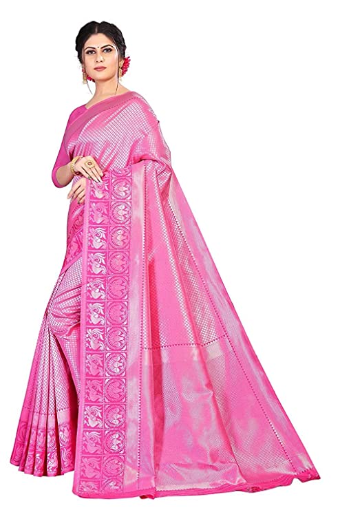 SEVEN ENTERPRISE Women's Kanjivaram Pure Banarasi Lichi Silk Jacquard Kanchipuram Pattu Designer Heavy Silk Saree With Un-Stiched Blouse