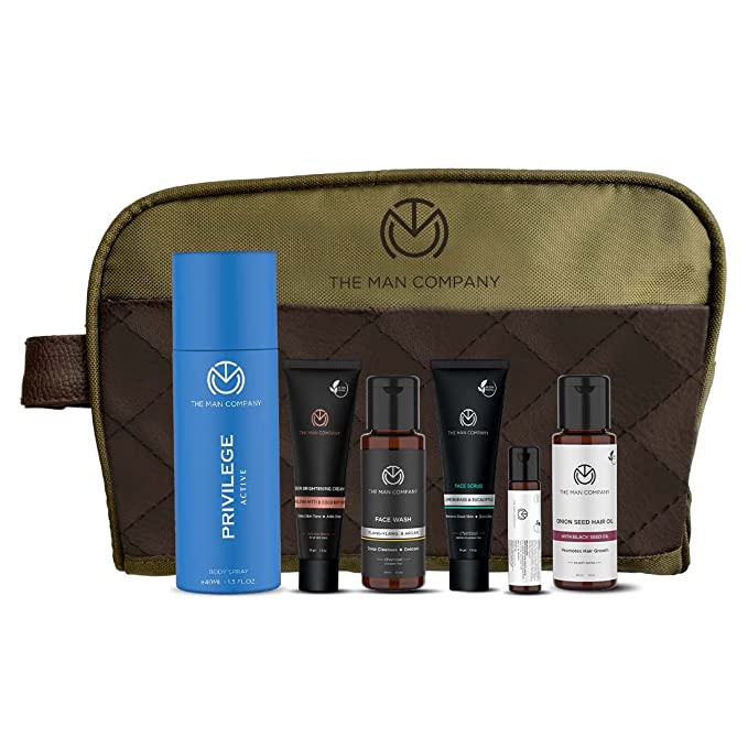 The Man Company Premium Skin Glow Collection 6 in 1 Combo Travel Mini Kit | Gift Set for Men | De Tan Charcoal Face Care | Deo for Men | Free Travel Pouch