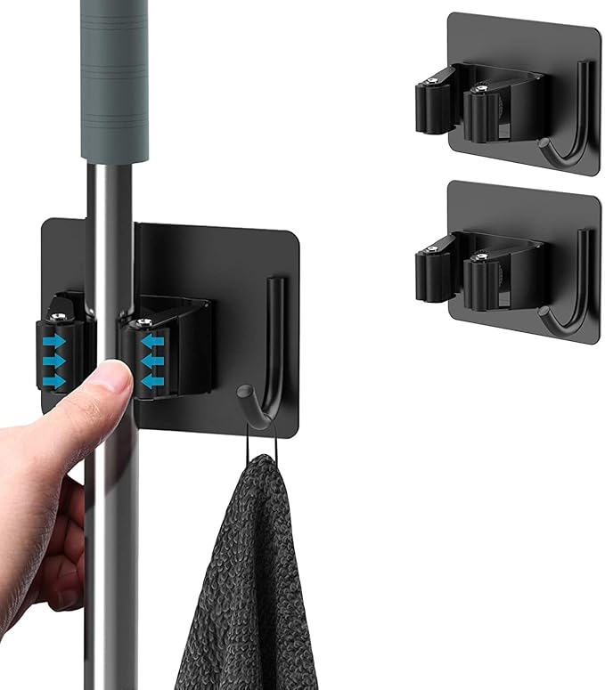 Boniry Adhesive Mop Holder and Broom Holder Wall Mounted Steel | Broom Stick Holder Wall Mounted for Home No Drilling (2, Black)
