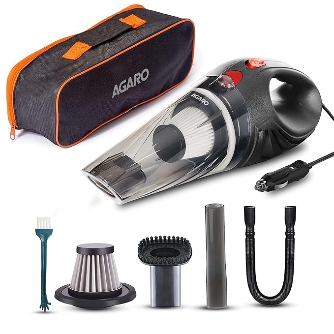 AGARO Car Vacuum Cleaner, Portable, Handheld, 12V DC /106W, 4.5KPA Power Socket, 14.7ft Long Cord,Stainless Steel Filter, Black CV1077