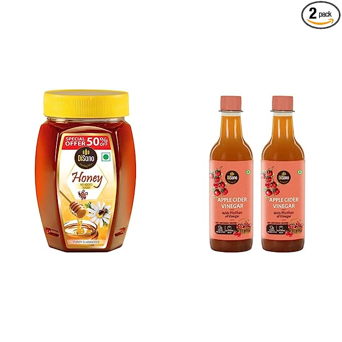 DiSano Pure Honey, 500gm & Apple Cider Vinegar (ACV) with Mother Vinegar, Raw, Unfiltered, Undiluted - 1000 ml (2 x 500ml)