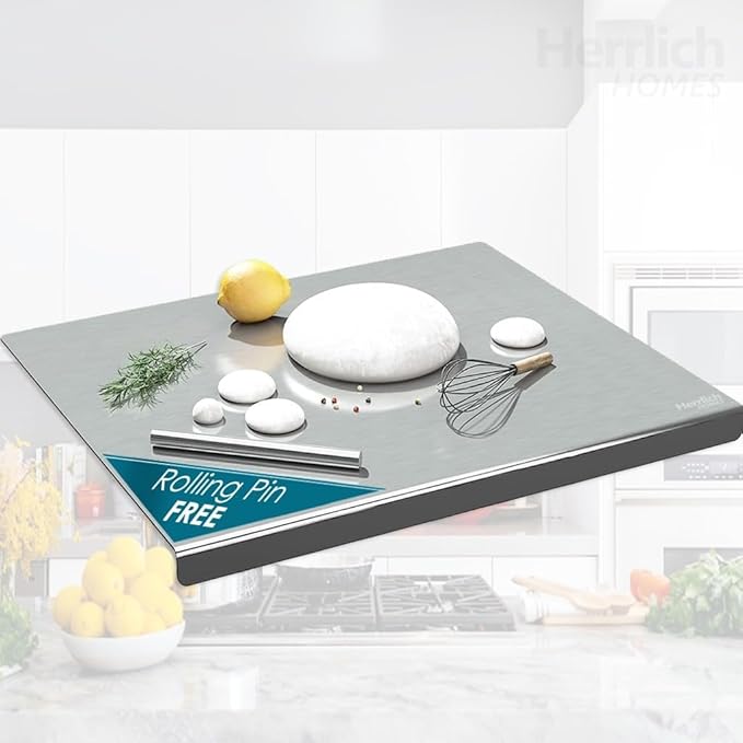 304 Stainless Steel Chopping Board with Lip for Kitchen | Free Rollin Pin | Non Slip| Rust Proof | Easy to use| Round Edge| For Cutting Vegetables, Meat,Fish,Fruits | Medium |40 x 32 cm