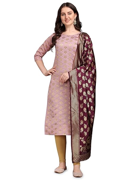VredeVogel Women's Cotton Silk Blend Straight Kurta With Dupatta with Banarasi Silk Dupatta