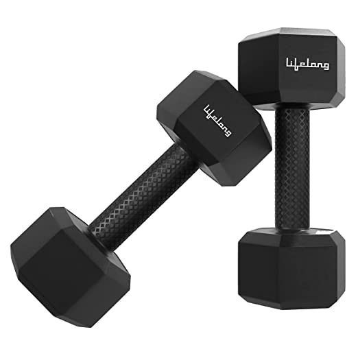 Lifelong PVC Hex Fixed Dumbbells Pack of 2 (1kg*2) Black Color for Home Gym Equipment Fitness Barbell|Gym Exercise|Home Workout, Gym Dumbbells|Dumbbells Weights for Men & Women (6 Months Warranty)
