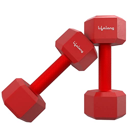 Lifelong PVC Hex Fixed Dumbbells Pack of 2 (1kg*2) Red Color for Home Gym Equipment Fitness Barbell|Gym Exercise|Home Workout, Gym Dumbbells|Dumbbells Weights for Men & Women (6 Months Warranty)
