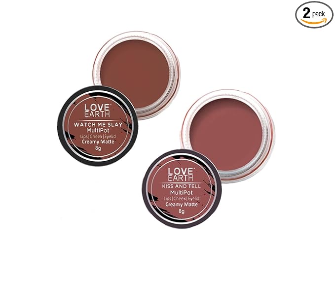 [Apply Coupon] - Love Earth Lip Tint & Cheek Tint Multipot Combo (Mauvish Pink & Caramel Brown) with Richness of Jojoba Oil and Vitamin E for Lips, Eyelids and Cheeks