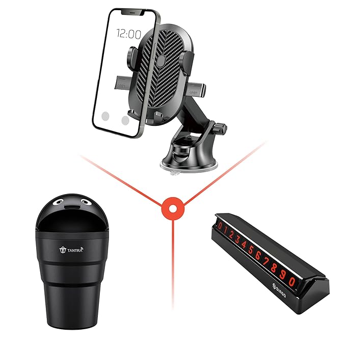 TANTRA Car Accessories Combo Kit with Car Mobile Holder, Car Mini Dustbin Can and Car Parking Magnetic Telephone Number Plate (Combo Twist)