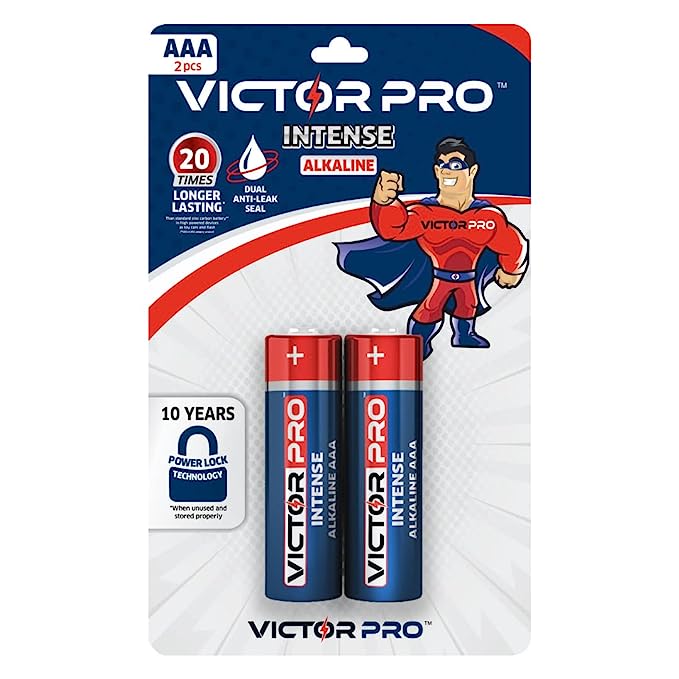 VictorPro Intense AAA Alkaline Battery 2 Pcs - Up to 20x Longer Lasting - 10 Year Power Lock Technology - for Toys, Camera, TV Remotes, Thermometer, Flashlight and More