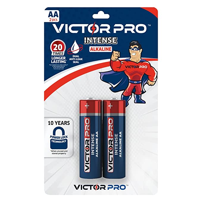 VictorPro Intense AA 2 Pcs Alkaline Battery - Up to 20x Longer Lasting - 10 Year Power Lock Technology - for Toys, Flashlights, Keyboards, Mouse and More