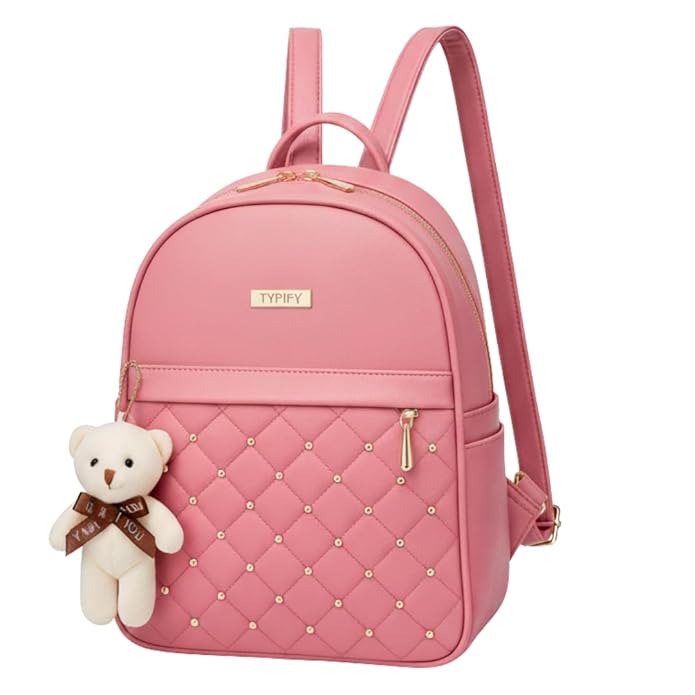 TYPIFY® Teddy Keychain Faux Leather Backpack for Women  -  Stylish, Lightweight, Spacious Bag for School, Office, College & Travel  -  Trendy Everyday Use Backpack for Girls | Gift for Her