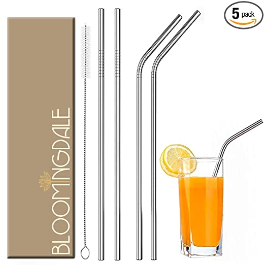 Bloomingdale Reusable Stainless Steel Straw with Cleaning Brush- Long Metal Straws for Drinking, Reusable Set of 5 (2- Bend Pipe, 2- Long Straw, 1-Cleaning Brush), Silver (BSteelStrawsSilver5Pcs)