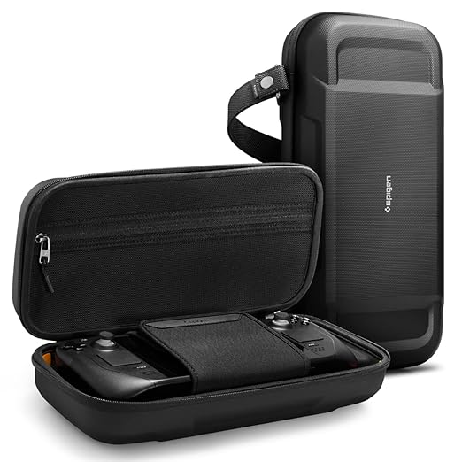 Spigen Rugged Armor Pro for Steam Deck OLED (2023) / Steam Deck LCD (2022) Case with Pockets for Accessories and Original Charger, Hard Shell Travel Pouch - Black