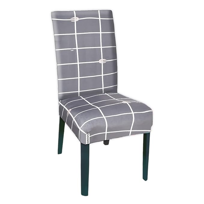 Amazon Brand - Solimo Polyester Elastic Dining Chair Cover - (Check Print, Grey)
