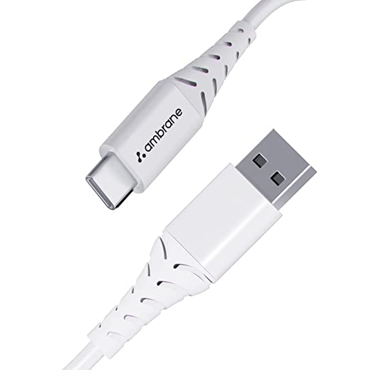 Ambrane 60W / 3A Fast Charging Output Cable with Type-C to USB for Mobile, Neckband, True Wireless Earphone Charging, 480mbps Data Sync Speed, 1m Length (ACT - AZ10, White)