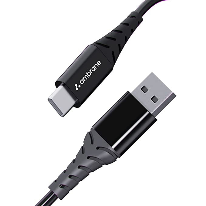 Ambrane 60W / 3A Fast Charging Output Cable with Type-C to USB for Mobile, Neckband, True Wireless Earphone Charging, 480mbps Data Sync Speed, 1m Length (ACT - AZ10, Black)