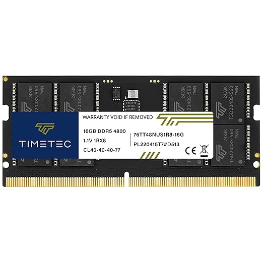 Timetec 16GB DDR5 4800MHz PC5-38400 Unbuffered Non-ECC 1.1V CL40 1Rx8 Single Rank 262Pin SODIMM Laptop Memory RAM Module Upgrade (16GB)