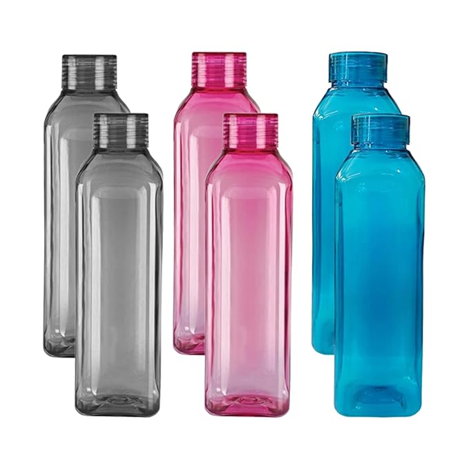 Kuber Industries Square BPA Free Plastic Water Bottles | Unbreakable, Leak Proof, 100% Food Grade Plastic | For Kids & Adults | Refrigerator Plastic Bottle Set of 6 | Multicolours
